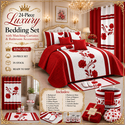 24-Piece Luxury Bedding Set with Matching Curtains & Bathroom Accessories – Red Floral Elegance Clessenza Beauty Store