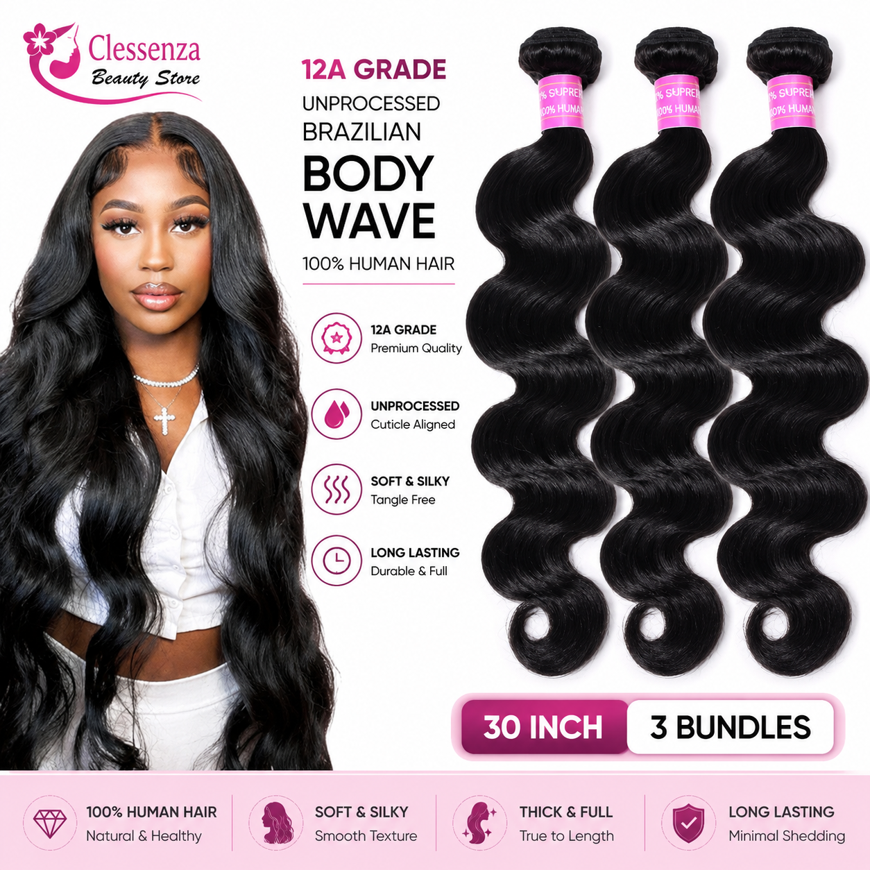 Lot de 3 Tissages Brésiliens Body Wave 100 % Cheveux Humains Non Traités Grade 12A – 30 po