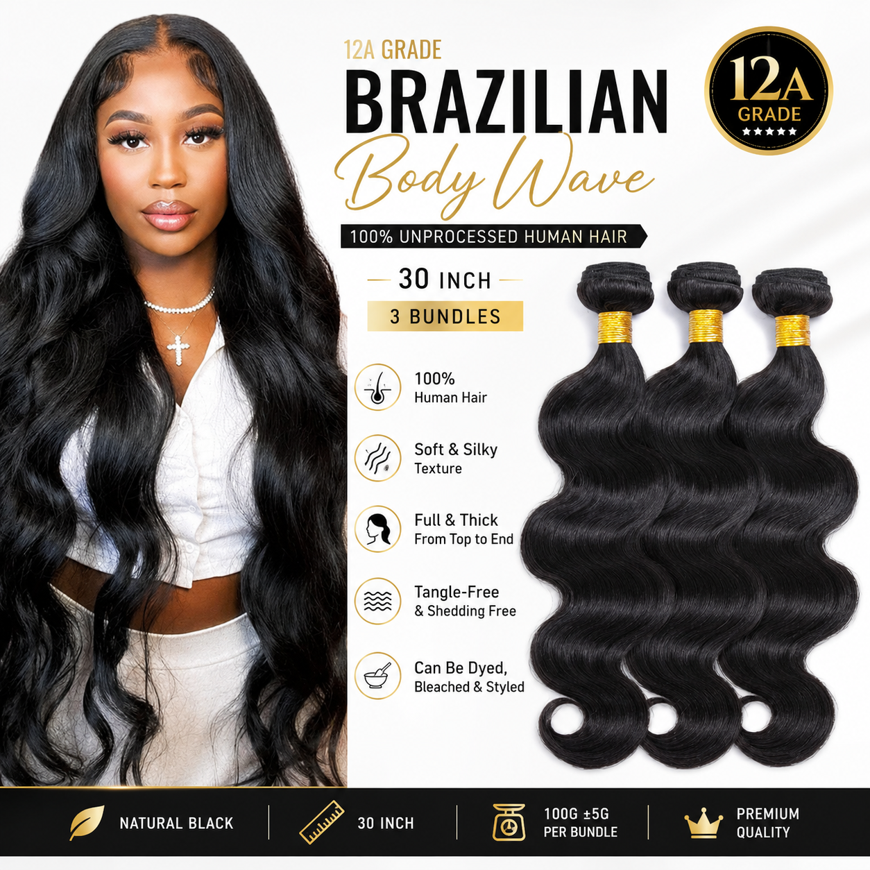 12A Grade Unprocessed Brazilian Body Wave Human Hair Weave Bundle – 30