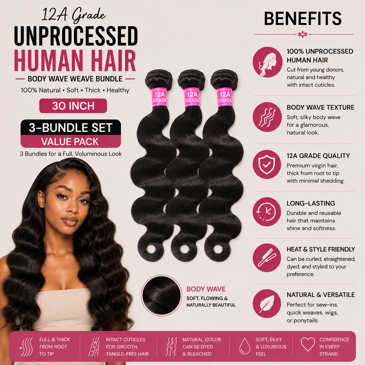 12A Grade Unprocessed Human Hair Extension – Body Wave Weave Bundle, 30