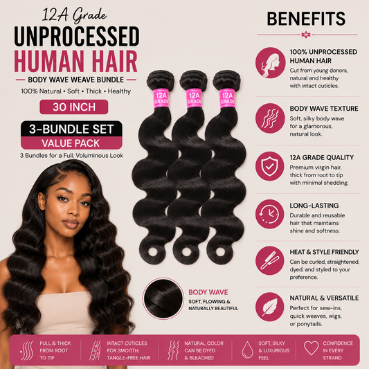12A Grade Unprocessed Human Hair Extension – Body Wave Weave Bundle, 30" (3‑bundle set)
