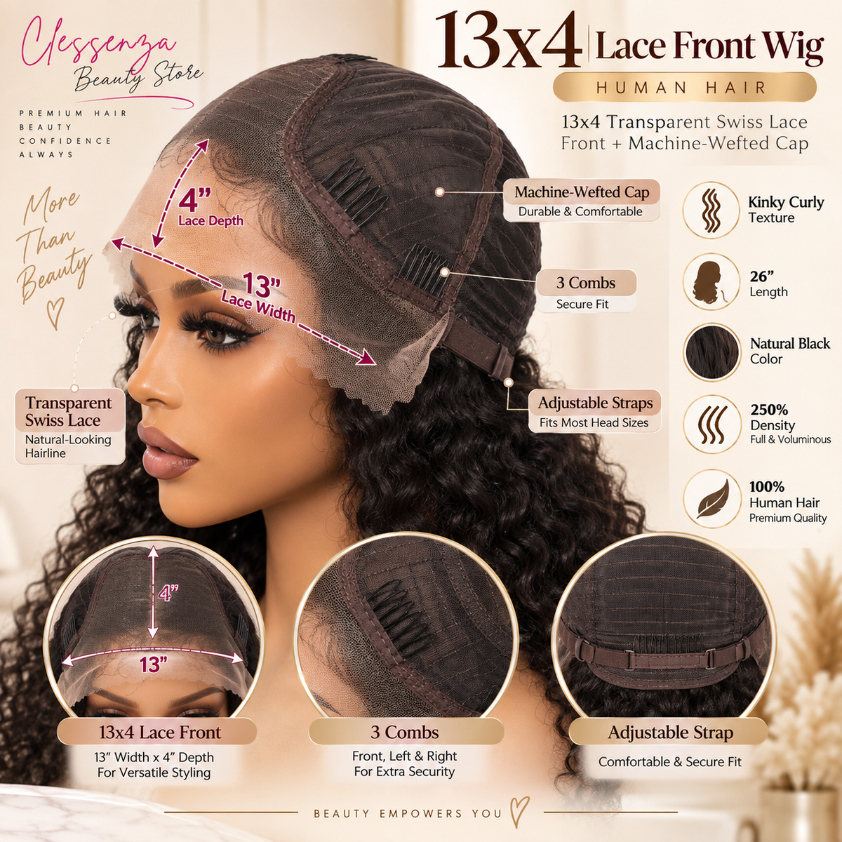 13×4 Lace Front Human Hair Wig – Kinky Curly 26″ – Natural Black – 250% Density Clessenza Beauty Store