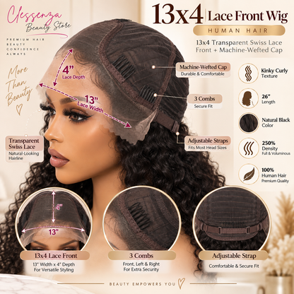 13×4 Lace Front Human Hair Wig – Kinky Curly 26″ – Natural Black – 250% Density Clessenza Beauty Store