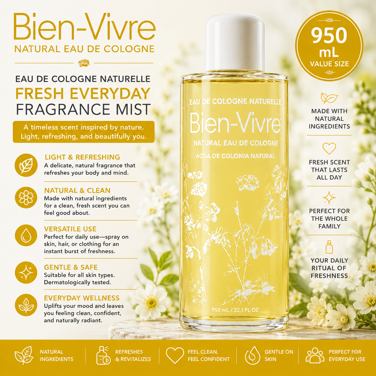 Bien-Vivre Natural Eau de Cologne – Fresh Everyday Fragrance Mist, 950 mL