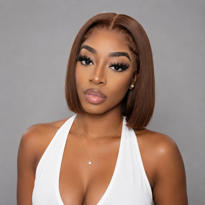 13x4 HD lace front straight human hair bob wig in 10-inch length with #4 natural brown color, sleek silky texture, pre-plucked hairline, and natural baby hairs for a realistic salon-quality finish.
