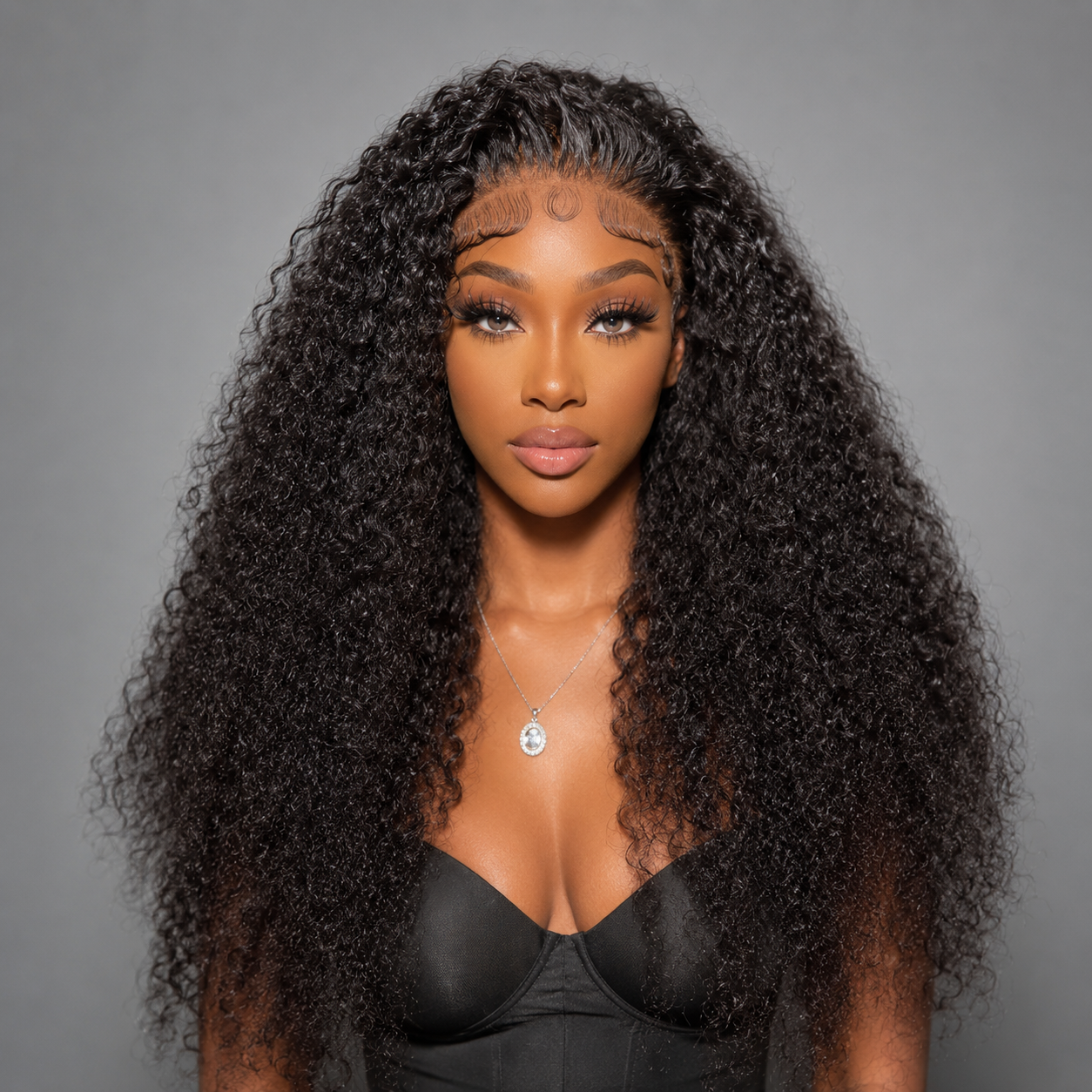 26-inch 13x4 HD lace front kinky curly human hair wig with 250% density, natural black curls, pre-plucked hairline, and full luxurious volume for a realistic salon-quality finish.