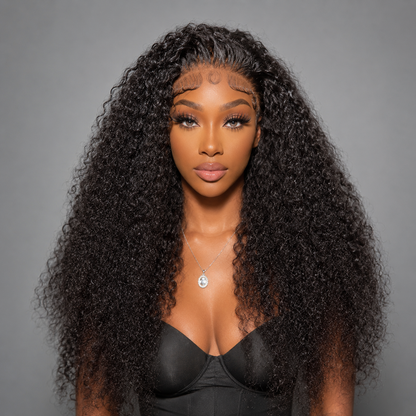 26-inch 13x4 HD lace front kinky curly human hair wig with 250% density, natural black curls, pre-plucked hairline, and full luxurious volume for a realistic salon-quality finish.