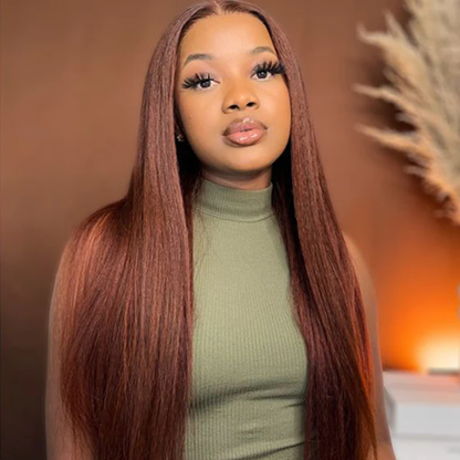 Perruque Lisse en Cheveux Humains Brun Rougeâtre #33 – Lace Front HD 13x4, 30 po, Densité 150 %