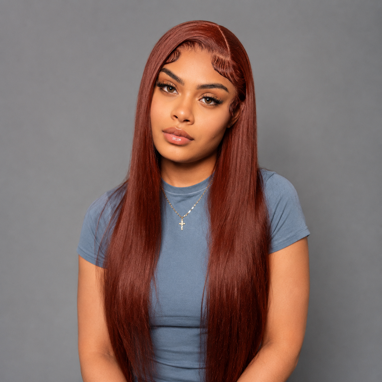 30-inch 13x4 HD lace front straight human hair wig in #33 reddish brown with silky long hair, 150% density, pre-plucked hairline, and natural baby hairs for a flawless salon-quality finish.