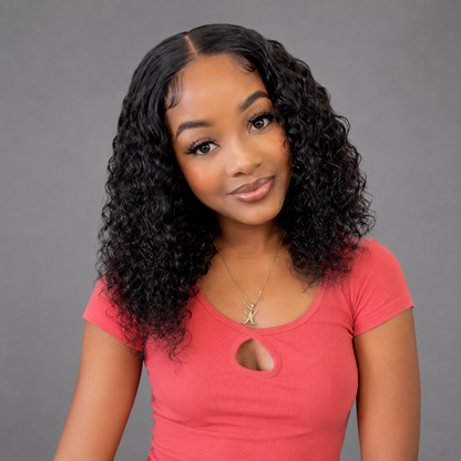 14-inch water wave bob wig made from 100% human hair featuring soft defined curls, natural black color, 13x4 HD transparent lace, pre-plucked hairline, and a realistic salon-quality finish.