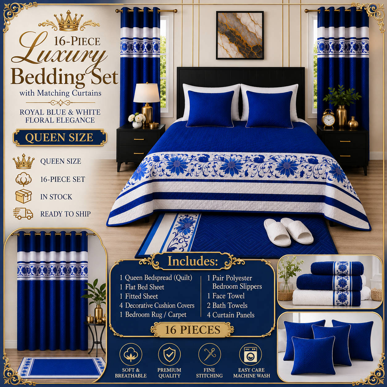 16-Piece Luxury Queen Size Bedding Set with Matching Curtains – Royal Blue & White Floral Elegance Clessenza Beauty Store