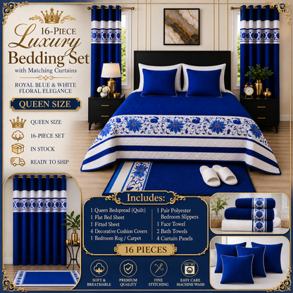 16-Piece Luxury Queen Size Bedding Set with Matching Curtains – Royal Blue & White Floral Elegance Clessenza Beauty Store