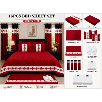16-piece bed sheet set with red and white design on a bed, surrounded by additional items like curtains and bath towels.