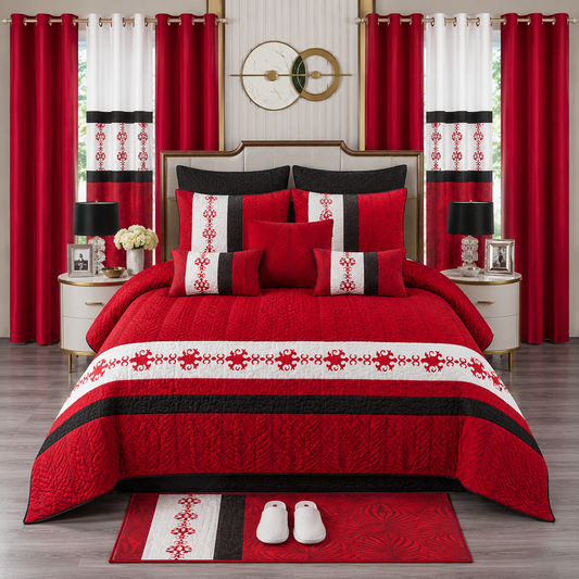 16-Piece Luxury Queen Bedding Set with Curtains, Towels, Rug & Slippers – Red, Black & White Floral Design Clessenza Beauty Store