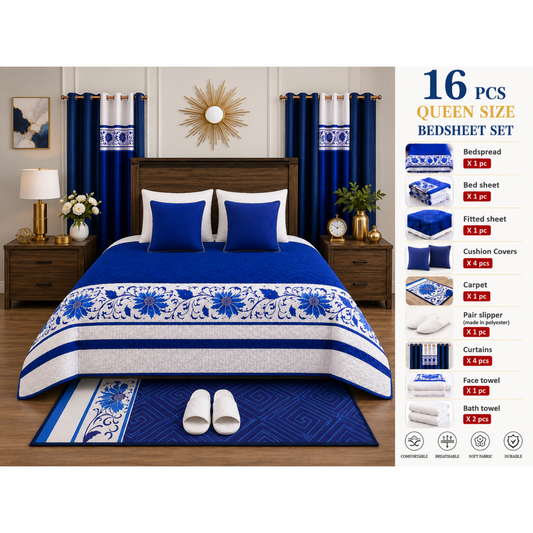 16-piece queen size bedsheet set with blue and white design in a bedroom setting.