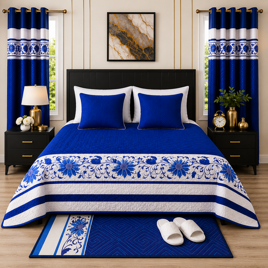 Bedroom with blue and white floral bedding, matching curtains, and decor.