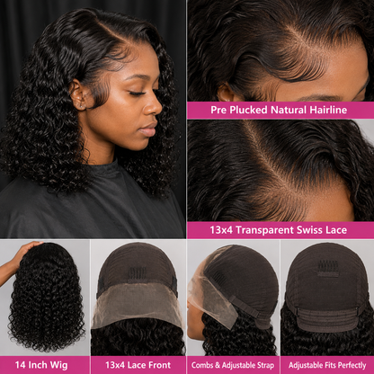 13×4 Lace Front Human Hair Bob Wig – Defined Water Wave 14″ – Natural Black Clessenza Beauty Store