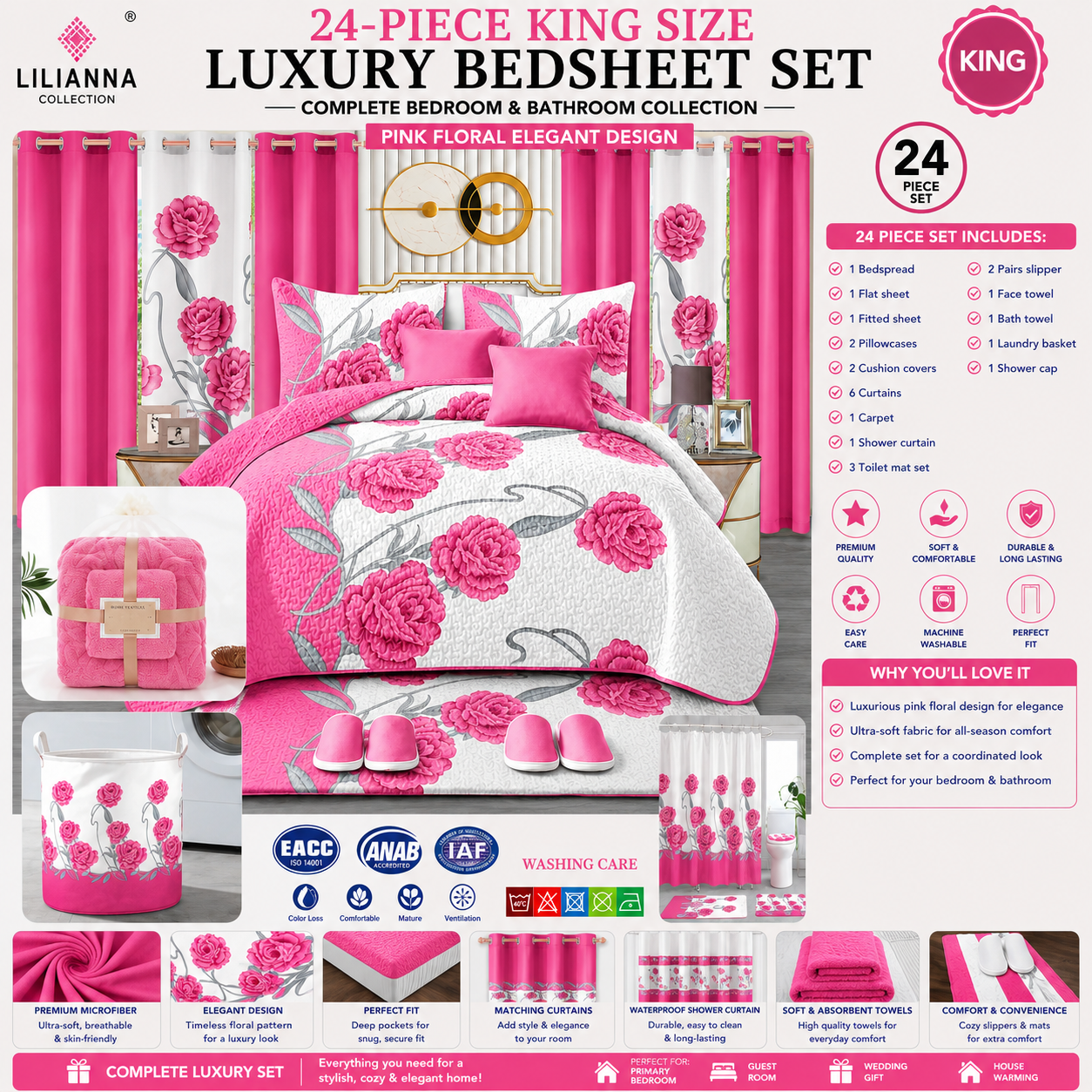 24-Piece King Size Pink Floral Luxury Bedding Set with Curtains & Bathroom Accessories