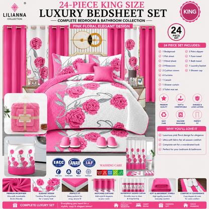24-Piece King Size Pink Floral Luxury Bedding Set with Curtains & Bathroom Accessories