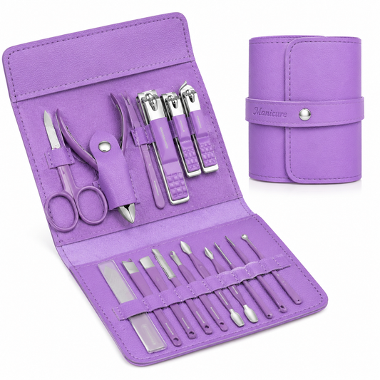 16-piece professional manicure and pedicure kit featuring stainless steel nail care tools, precision nail clippers, cuticle nippers, grooming accessories, and a premium purple travel case for home and travel use.