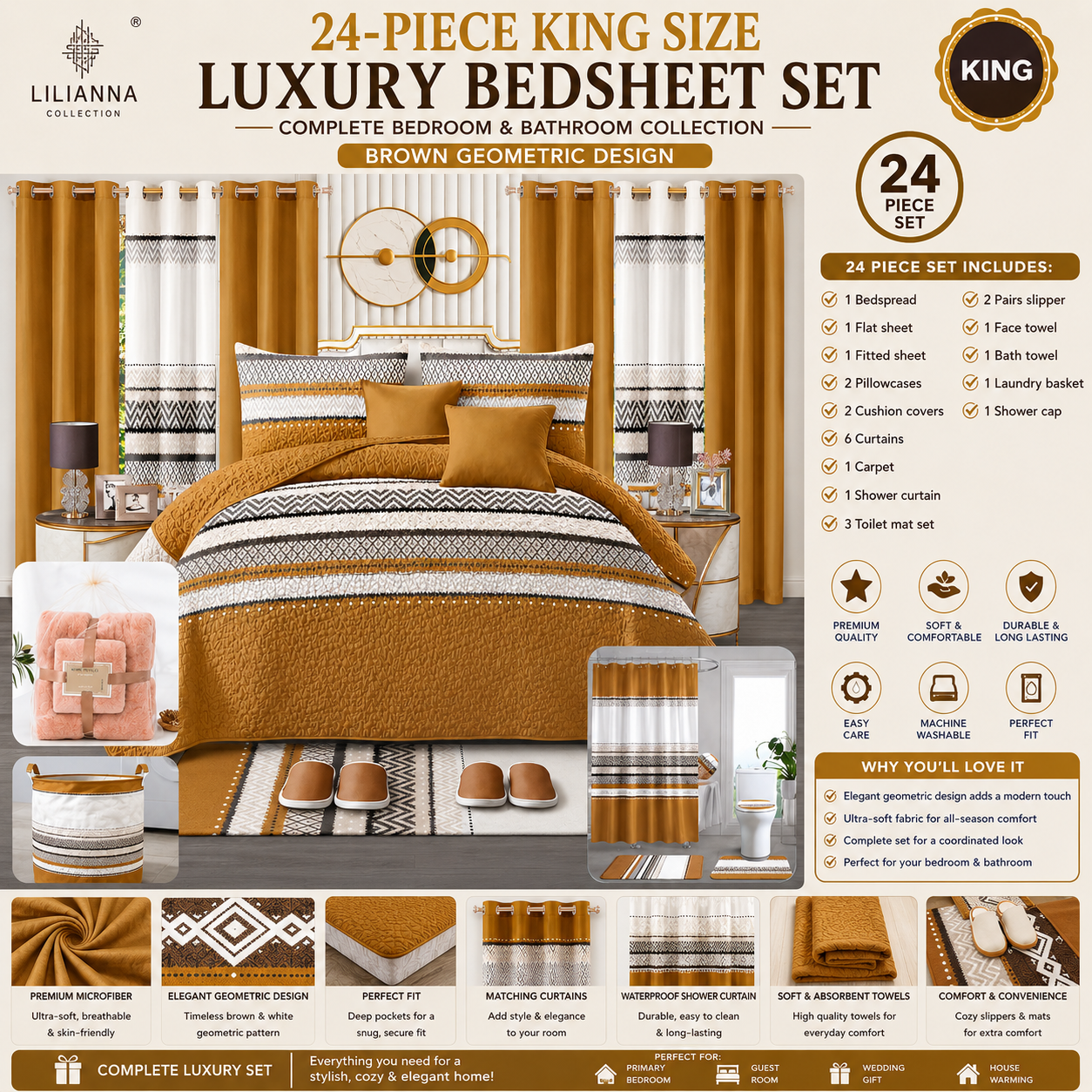 Ensemble de Literie de Luxe King 24 Pièces avec Rideaux et Accessoires de Salle de Bain – Motif Géométrique Brun