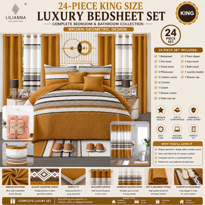 Ensemble de Literie de Luxe King 24 Pièces avec Rideaux et Accessoires de Salle de Bain – Motif Géométrique Brun