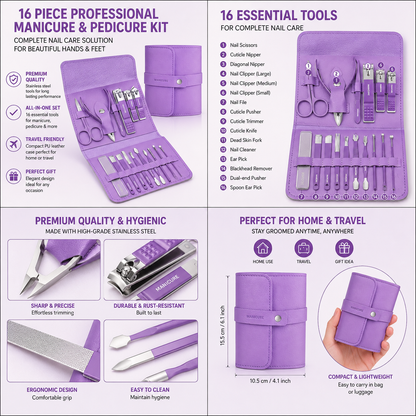 16 Piece Professional Manicure & Pedicure Kit – Stainless Steel Nail Care Set with Travel Case