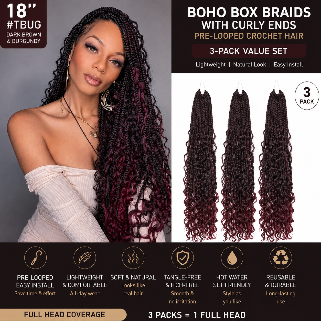 Tresses africaines bohèmes longues avec boucles souples – 45 cm, pré-bouclées au crochet, #TBUG, lot de 3