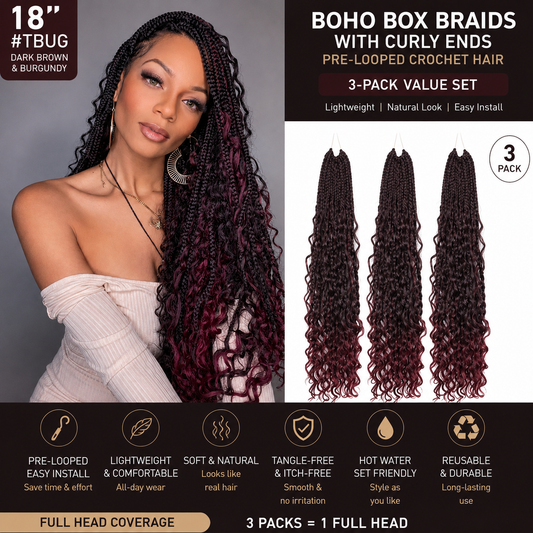 Tresses africaines bohèmes longues avec boucles souples – 45 cm, pré-bouclées au crochet, #TBUG, lot de 3