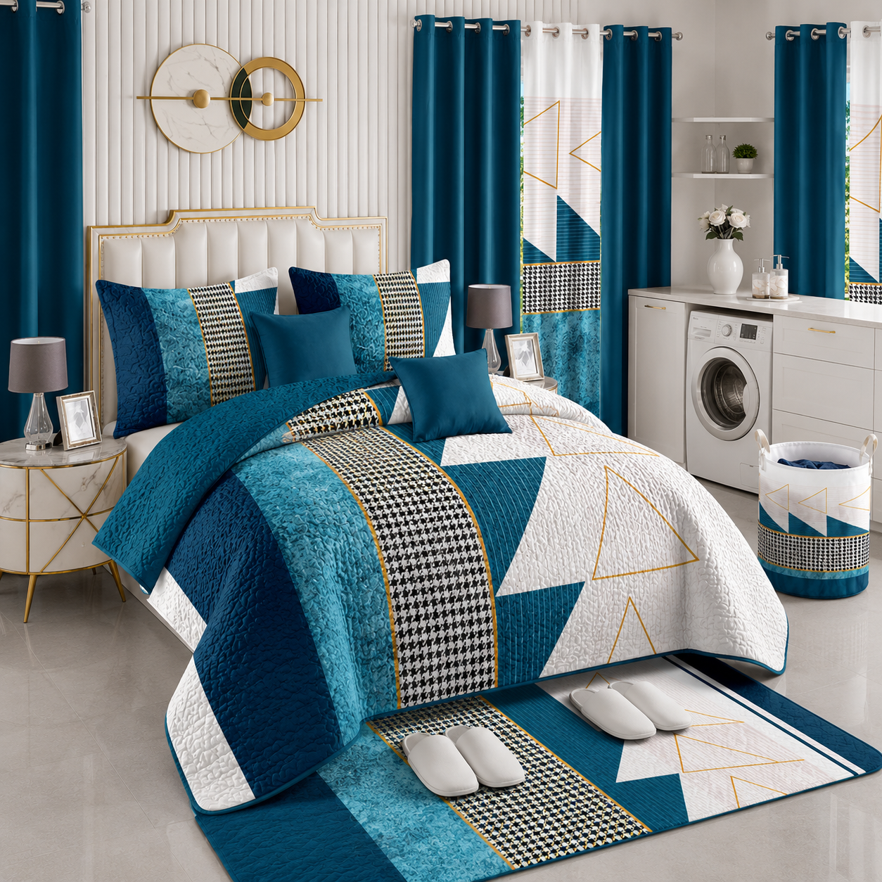 Ensemble de Literie Luxe Géométrique Bleu Marine 24 Pièces King avec Rideaux et Accessoires de Salle de Bain