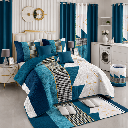 Ensemble de Literie Luxe Géométrique Bleu Marine 24 Pièces King avec Rideaux et Accessoires de Salle de Bain