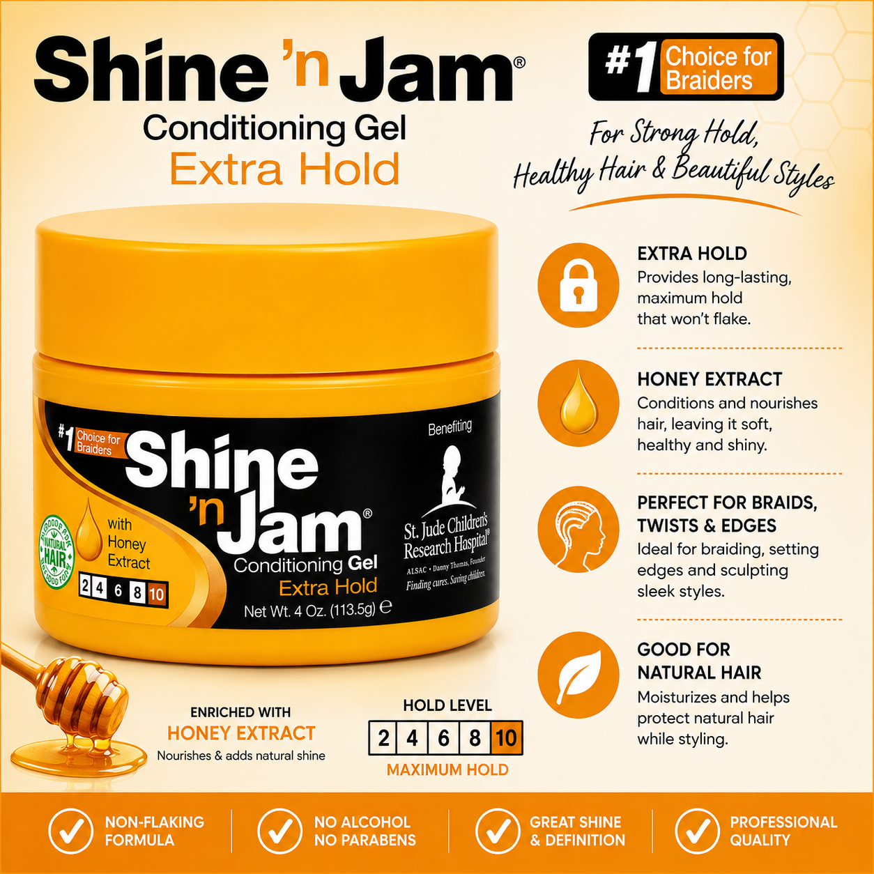 Shine 'n Jam – Conditioning Gel Extra Hold with Honey Extract, 4 oz AMPRO