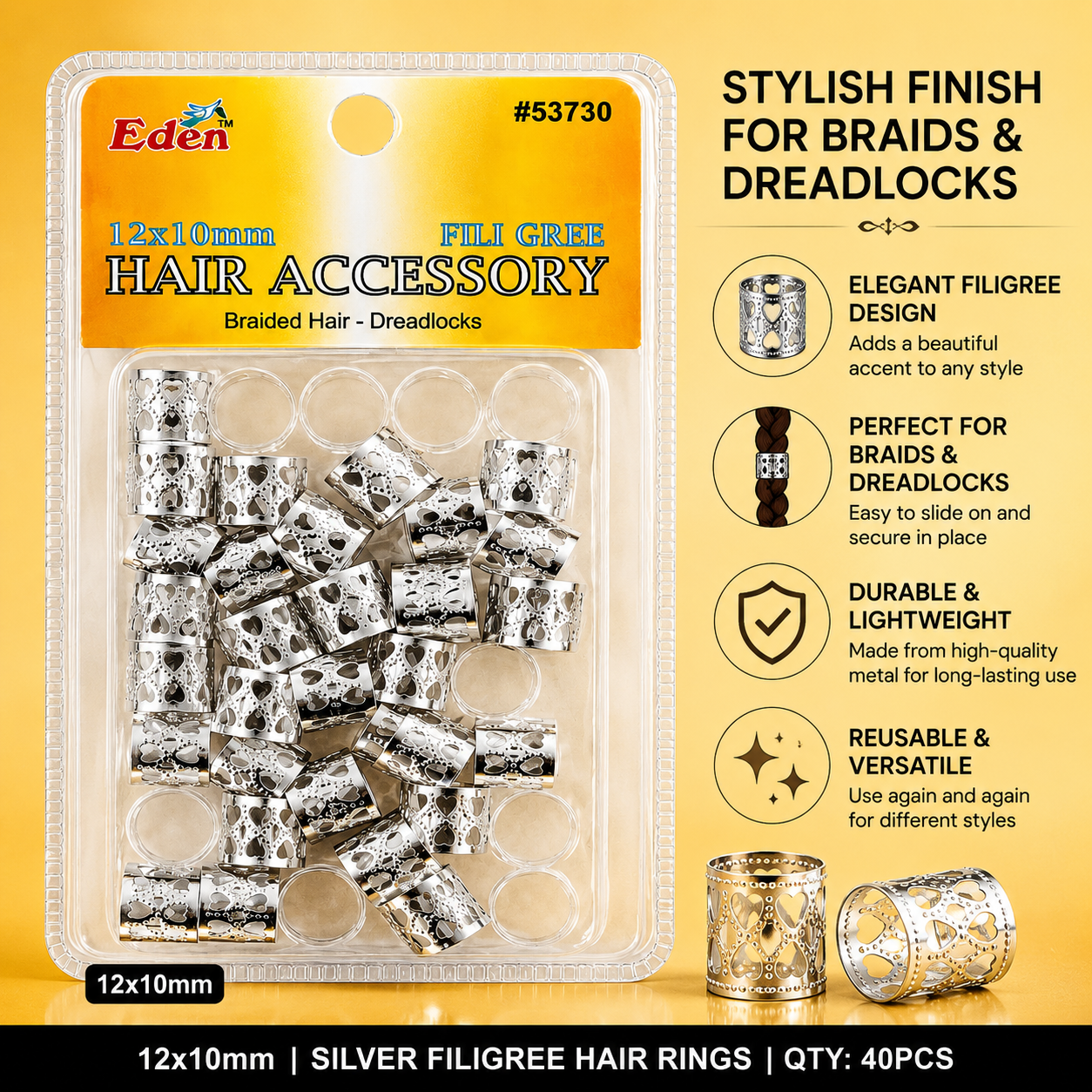 Eden – Silver Filigree Hair Rings for Braids & Dreadlocks, 12x10mm Hair Accessory