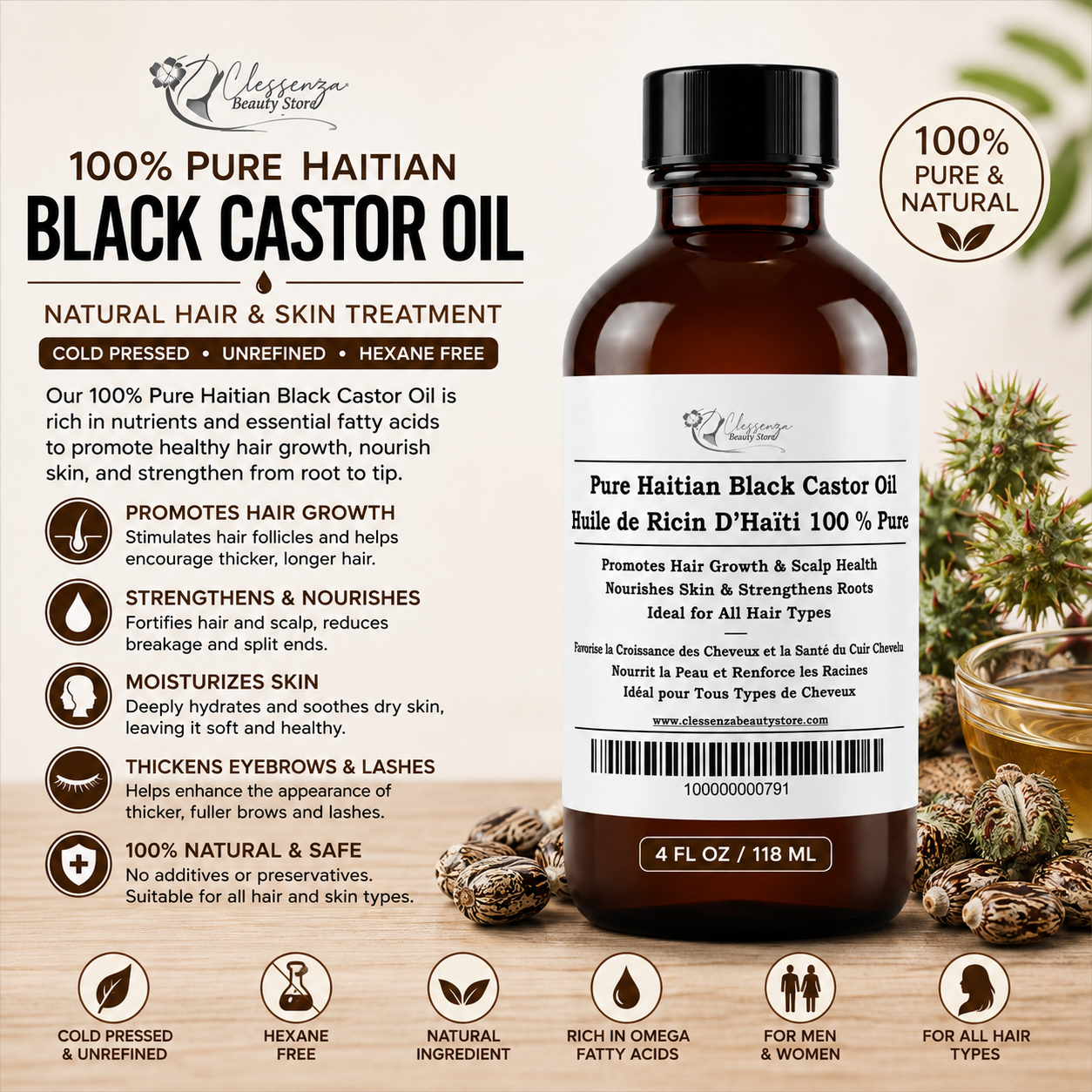 100% Pure Haitian Black Castor Oil – Natural Hair & Skin Treatment, 4 oz Clessenza Beauty Store