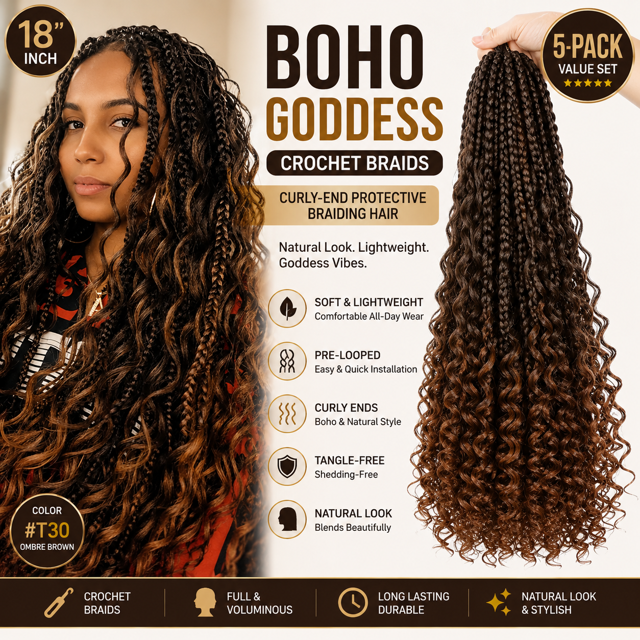 Boho Goddess Crochet Braids 18″ – Curly-End Protective Braiding Hair, #T30 Ombre Brown | 5-Pack Value Set Clessenza Beauty Store