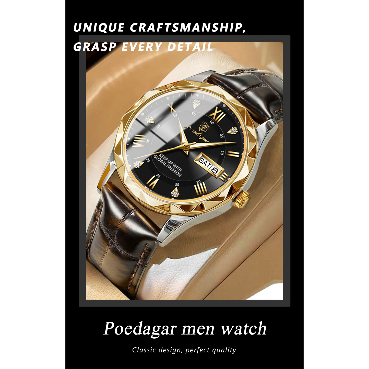 POEDAGAR 615 - Leather Quartz Watch for Men