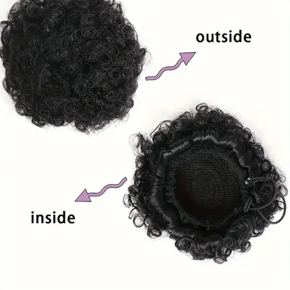 4 inch Afro Puff Drawstring Synthetic Hair Bun Curly Ponytail Extension (Black)