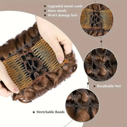 6 inch Curly Hair Buns Combs In Synthetic Ponytail Extension (Medium Auburn Mixed)