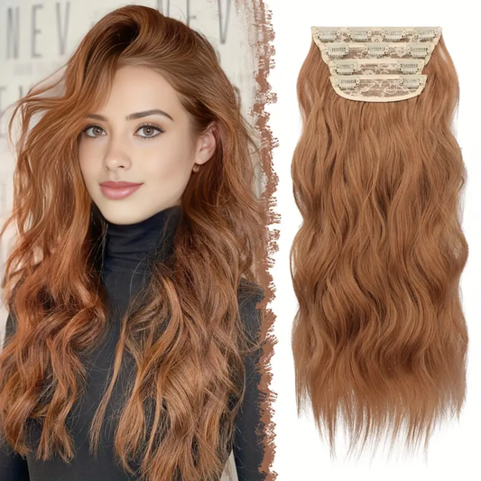 4 Pcs Auburn Brown Long Wavy Clip In Synthetic Hair Extensions, 20 Inch