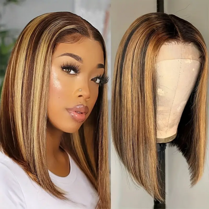 Splendid Medium Brown & Honey Blonde highlights Human Hair Bob Wig - 13x4 Lace Frontal, 4/27, 10 inches