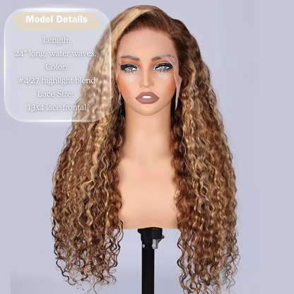 Water Wave 13x4 Lace Wig 24" – #4/27 Highlight, Thick 180% Density Human Hair