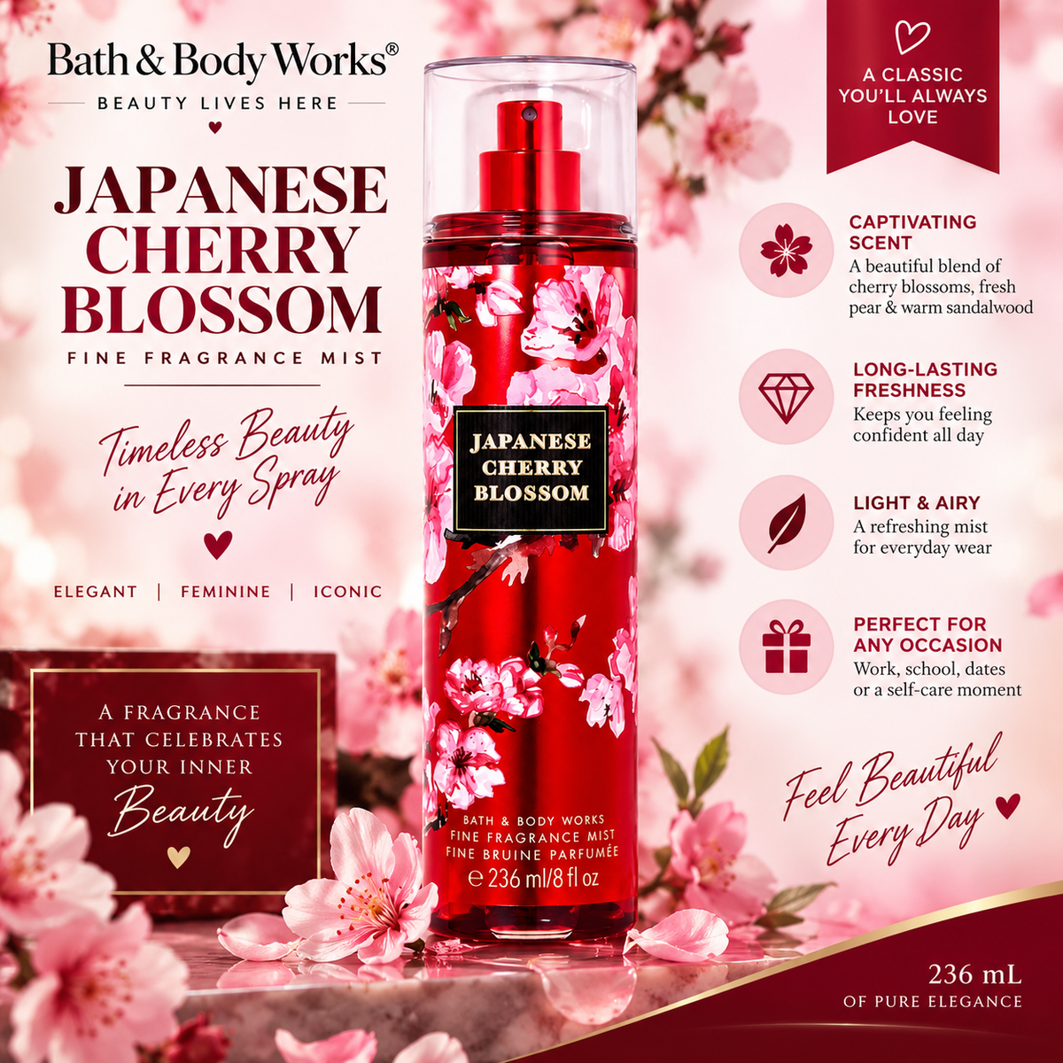 Bath & Body Works – Japanese Cherry Blossom Fine Fragrance Mist, 236 mL Bath & Body Works