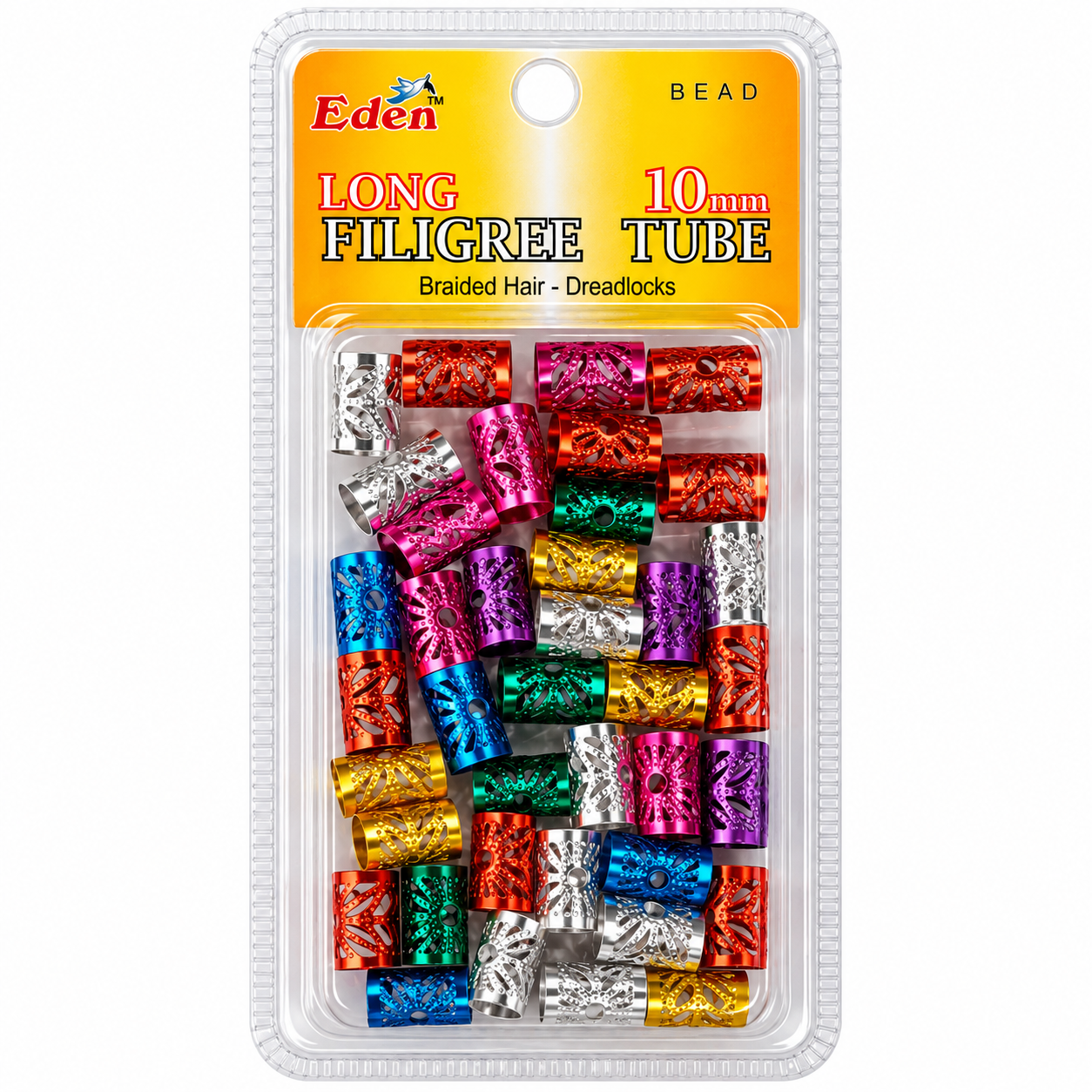 Eden – Long Filigree Tube Hair Beads 10mm Metallic Braiding & Dreadlock Accessories, Multicolor Pack EDEN