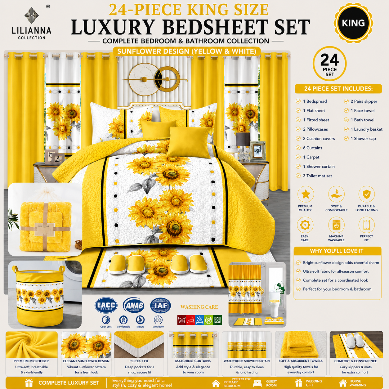 24-Piece King Size Luxury Bedding Set with Curtains & Bathroom Accessories – Sunflower Design (Yellow & White)