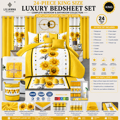 24-Piece King Size Luxury Bedding Set with Curtains & Bathroom Accessories – Sunflower Design (Yellow & White)