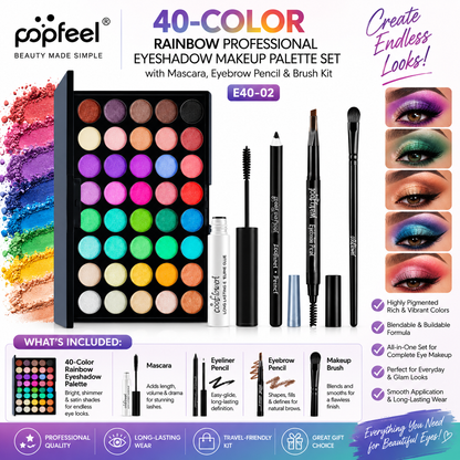 POPFEEL Palette Professionnelle Arc-en-ciel de 40 Fards à Paupières avec Mascara, Crayon à Sourcils et Kit de Pinceaux – E40-02