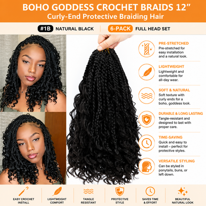 Tresses Crochet Boho Goddess 12 po – Pointes Bouclées, Cheveux de Tressage Protecteur #1B | Ensemble Complet 6 Paquets