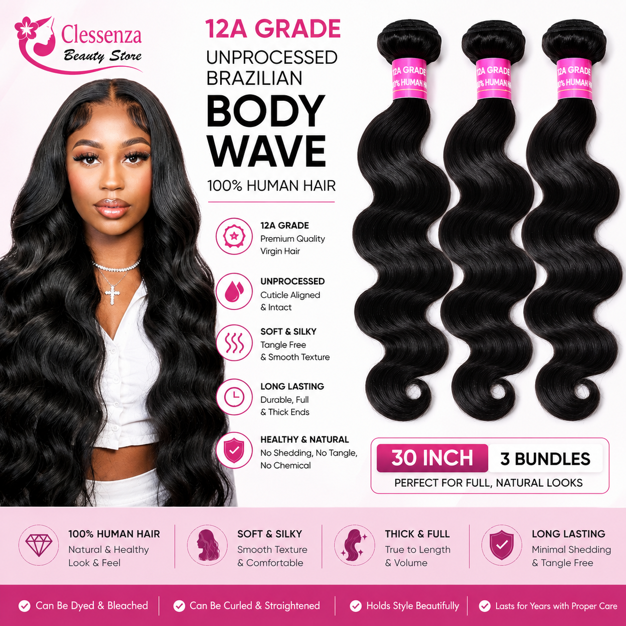 Lot de 3 Tissages Brésiliens Body Wave 100 % Cheveux Humains Non Traités Grade 12A – 30 po