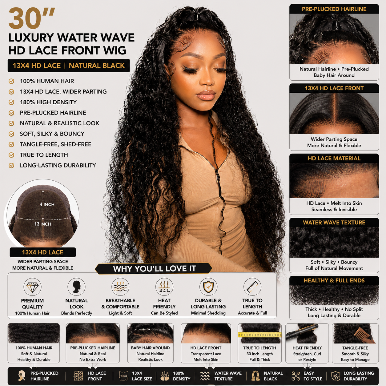 Perruque en Cheveux Humains Water Wave Luxe 30 po avec Lace Front HD 13×4 – Noir Naturel, Densité 180%