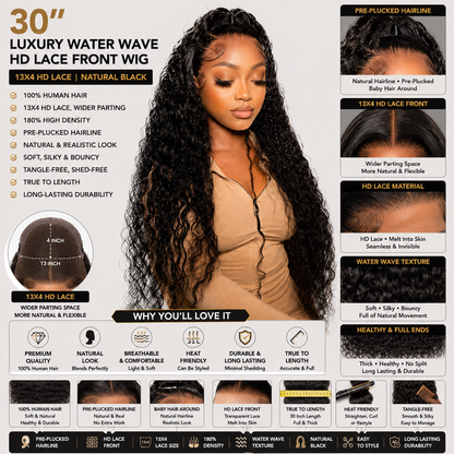 Perruque en Cheveux Humains Water Wave Luxe 30 po avec Lace Front HD 13×4 – Noir Naturel, Densité 180%